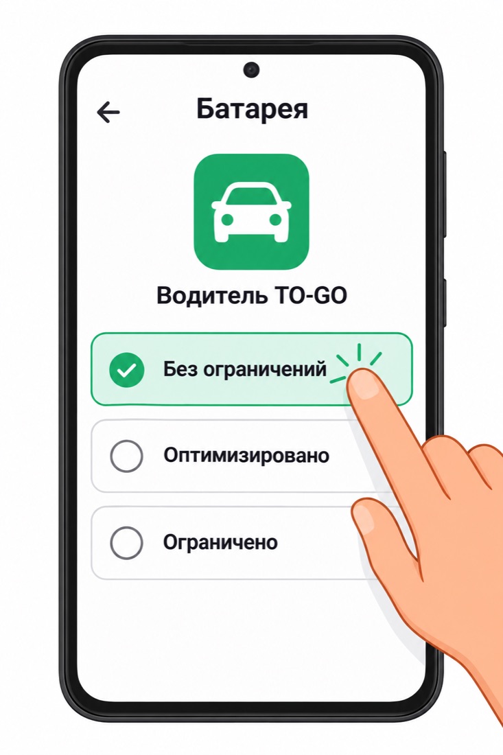 Настройка батареи для приложения: выбрано «Без ограничений»
